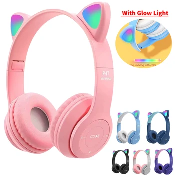 חתול חמוד אוזניות אלחוטיות Over-Ear Bluetooth-Compatible5.0 אוזניות זוהר אור סטריאו מוסיקה הקסדה אוזניות עבור ילדים ילד