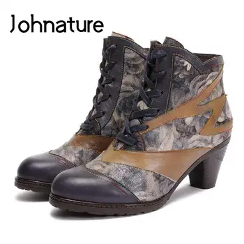 Johnature חורף נעלי נשים מגפי עור אמיתי Zip הלאומי סגנון 2022 חדש תמציתי בעבודת יד עגול הבוהן תפירה מגפי פלטפורמה