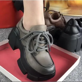 אחת הנעל נשים 2023 האביב והסתיו עור אמיתי מוגברת בלעדי עבה Matsuke שרוכים רטרו, נעלי אוקספורד נשים