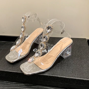שקוף עקב, סנדלים אלגנטי ריינסטון נעליים עם עקבים גבוהים 2023 קיץ נעלי נשים אופנה באיכות גבוהה נעלי חתונה