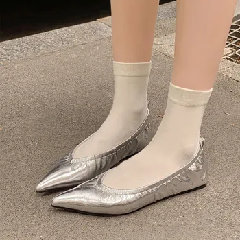 MKKHOU אופנה שטוח נעליים חדש באיכות גבוהה עור אמיתי הצביע קפלים נוח רך התחתון שטוח נעליים אור יומי נעליים
