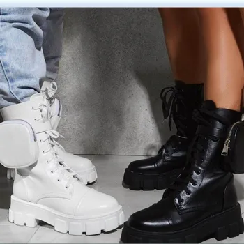 2020 מוצר חדש כיס אופנוע מגפי נשים, נעלי פלטפורמה תחרה עבה עם סוליות שחור צבאי נעלי אישה חצי Botas Mujer