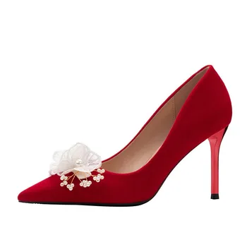 אדום נעלי חתונה נשים עקבים גבוהים נקודת הבוהן כלה נעליים פנינים נעליים אדומות