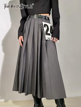 TWOTWINSTYLE קפלים קו חצאיות לנשים גבוהה המותניים טמפרמנט אלגנטי קיץ חצאית נשית אופנה סגנון לבוש 2023 חדש