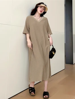 2023 קיץ חדש קוריאני אופנה רופף אישה השמלה Vestidos החלוק Elbise מזדמנים בתוספת גודל פרע שרוולים קצרים לנשים שמלות ארוכות