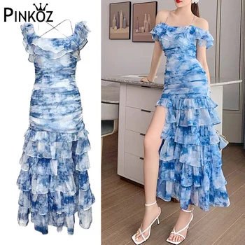Pinkoz מעצב באיכות גבוהה קפלים קו נטוי הצוואר החלקלק שמלת מקסי כחול דיו ציור סקסי ללא משענת צד החלוק נשים פסטיבל בד