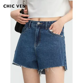 שיק VEN נשים קצרים ג 'ינס כחול קוריאנית אישית מרופט קו ג' ינס מכנסיים נשים מכנסיים קצרות על ילדה 2023 הקיץ
