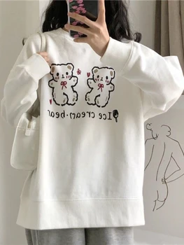 Deeptown Kawaii דוב הדפסה קט נשים Harajuku ילדה מתוקה מצויר, גרפי חולצות קוריאנית חמודה קפוצ ' ונים שרוול ארוך העליון