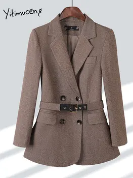 Yitimuceng החגורה בלייזרים לנשים אופנה חדשה במשרד נשים שרוול ארוך כפול עם חזה סתיו מעיל וינטג', אלגנטי מוצק בלייזר