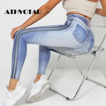 ATHVOTAR ג ' ינס מודפס אימון כושר לנשים כושר חותלות לדחוף את הספורט מכנסיים בועת התחת פועל Patchwrok גבוהה המותניים Leggins