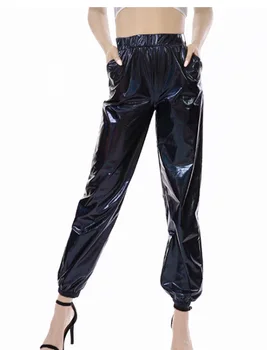 דמוי עור מזדמן חותלות Pu מכנסי טרנינג צד מבריק צבעוני ארוך ווי מכנסי עור מבריק לייזר מכנסיים רופפים