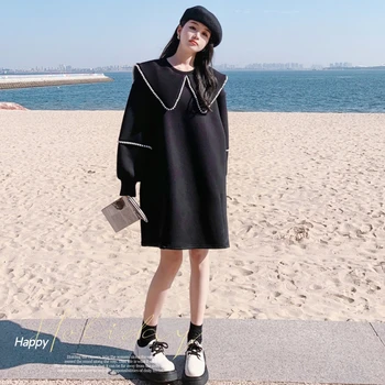 נשים אופנה חרוזים שמלה שחורה 2023 אביב סתיו ארוך שרוול אלגנטי מתוק חופשי קוריאנית מזדמן בינוני-ארוך קפוצ ' ון שמלות 6609