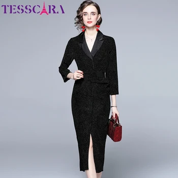 TESSCARA נשים סתיו חורף אלגנטי בלייזר השמלה לפסטה באיכות גבוהה במשרד מסיבת קוקטייל החלוק בציר מעצב עיפרון Vestidos