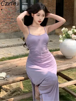 ללא משענת שמלות נשים סגול קיץ סגנון קוריאני סלים Shirring סקסי ללא שרוולים Mujer מזג עדין קרסול-אורך אופנה