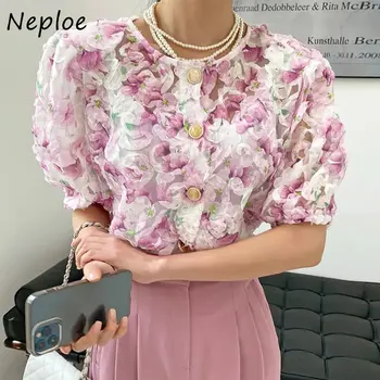 Neploe מתוק ערבי סגנון תלת ממדים פרחים עיצוב Blusas קוריאנית שיק הקיץ החדש משוחרר תכליתי פאף שרוול החולצה