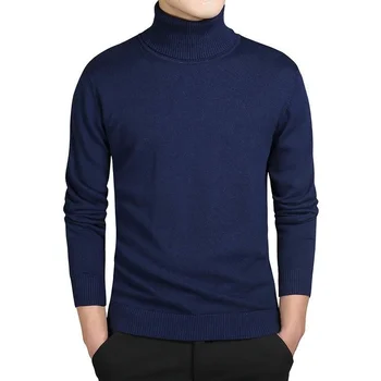 צווארון כותנה סוודר גברים Pullovers מותג מזדמן סתיו אופנה סוודר גברי מוצק Slim Fit לסרוג שרוול ארוך שחור כחול