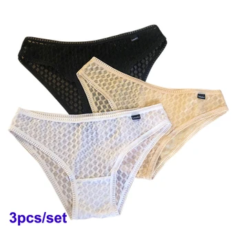3PCS/סט M-XL רשת סקסי מותן נמוכה תחרה, מכנסי נשים של כיף משולש מכנסי כותנה המפשעה סקסי תחתוני תחרה
