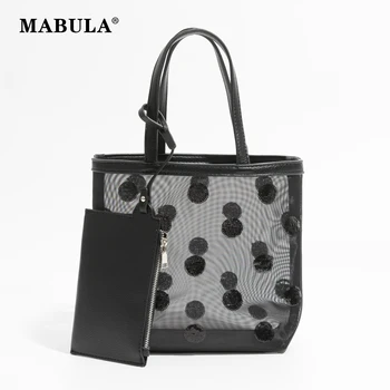 MABULA מזדמנים רשת תיק לנשים יוקרה עיצוב 2 יח ' סט תיקי כתף שחור אופנה חלול החוצה תיקים עם הארנק