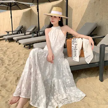 2023 הקיץ תלוי צוואר שמלה באיכות גבוהה אופנה מפורסמת במזג שרוולים תיירות נופש חוף שמלה ארוכה נשים Z1053